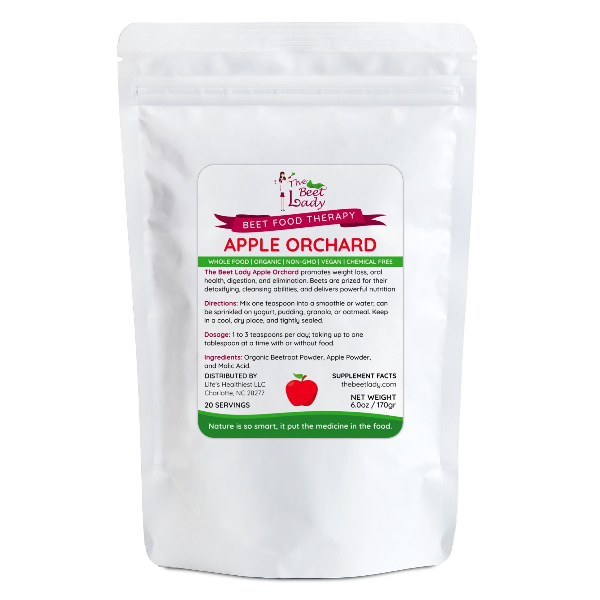 The Beet Lady APPLE ORCHARD Beet Food Nutritional Therapy powder blended with real fruit.  Organic, plant-based, non-GMO. 6 oz