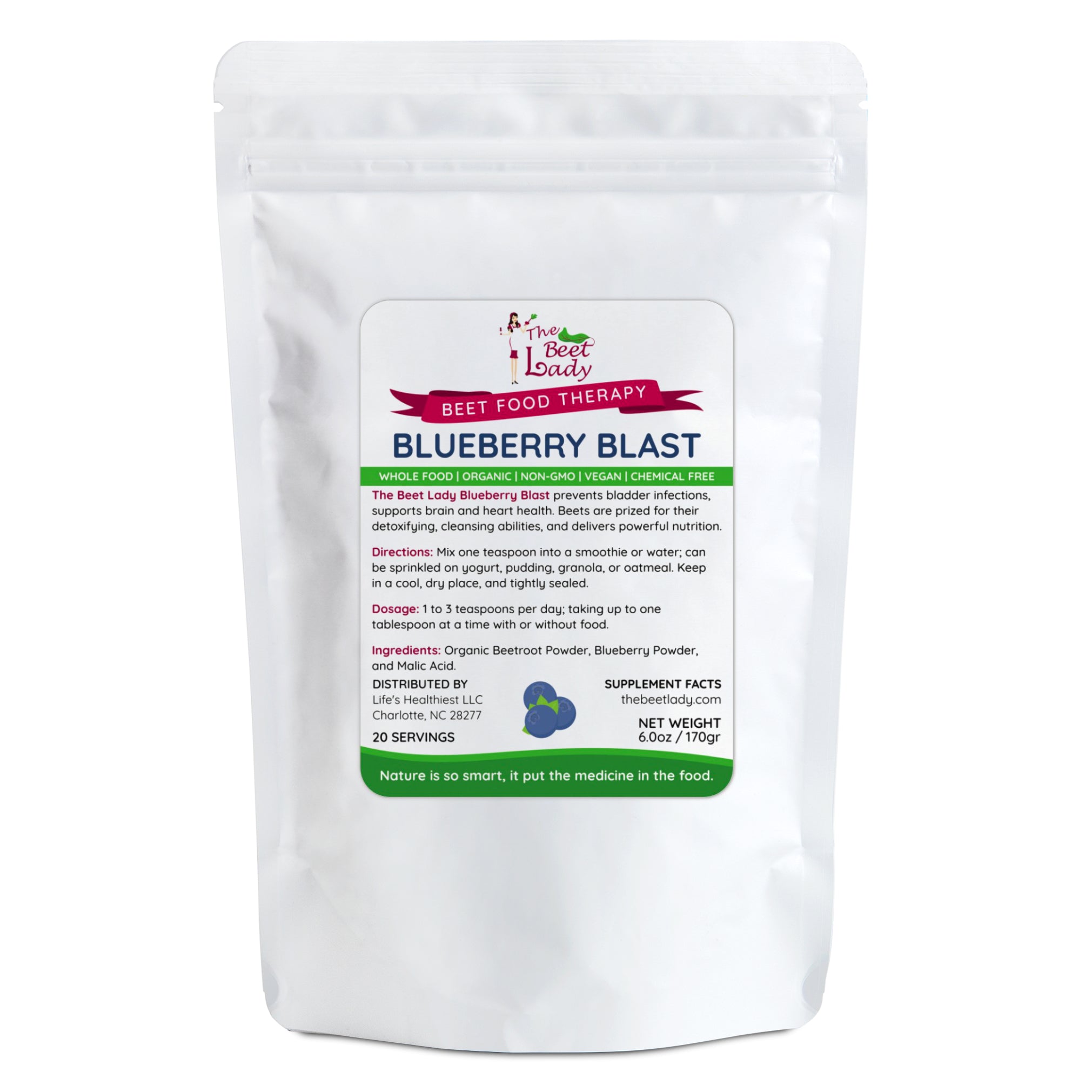 The Beet Lady BLUEBERRY BLAST Beet Food Nutritional Therapy powder blended with real fruit.  Organic, plant-based, non-GMO.  6 oz