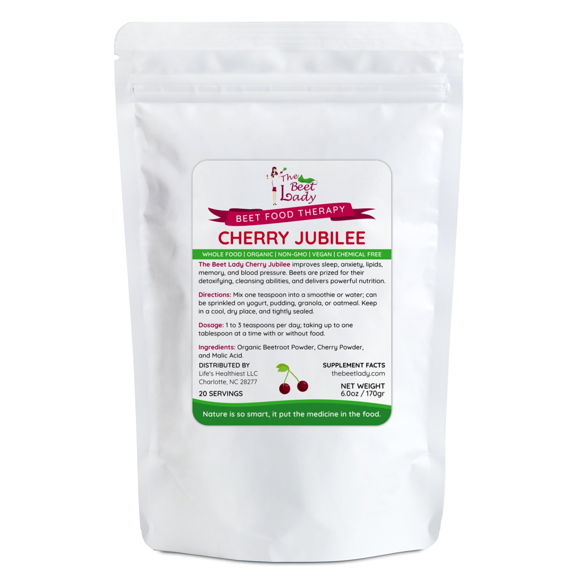 The Beet Lady CHERRY JUBILEE Beet Food Nutritional Therapy powder blended with real fruit - 100% bio-available nutrients from good food. Organic, plant-based, non-GMO, clean and raw.