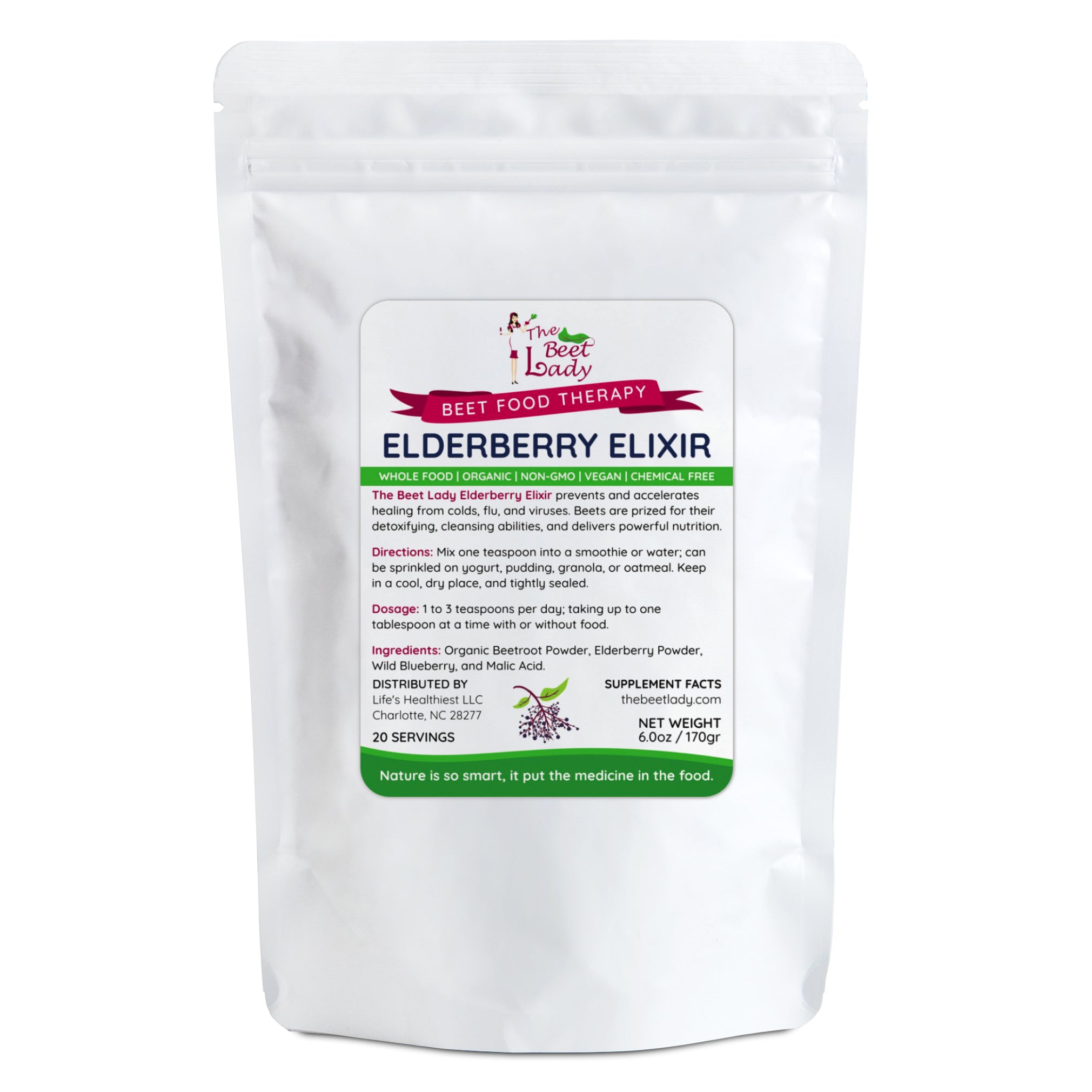 The Beet Lady ELDERBERRY ELIXIR Beet Food Nutritional Therapy powder blended with real fruit.  Organic, plant-based, non-GMO. 6 oz