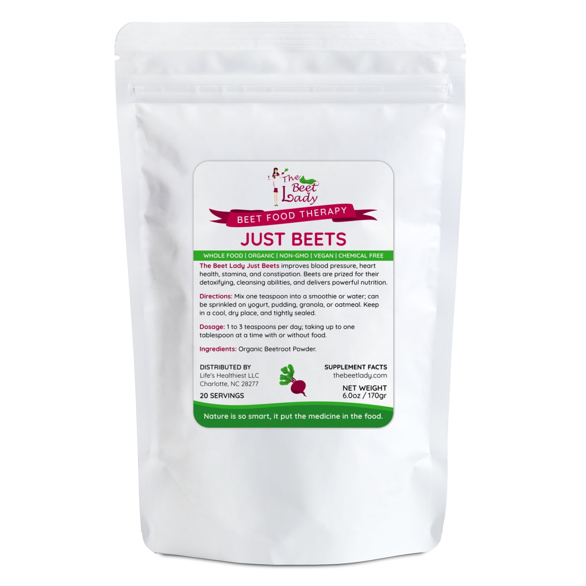 The Beet Lady JUST BEETS Beet Food Nutritional Therapy powder.  Organic, plant-based, non-GMO 6 oz