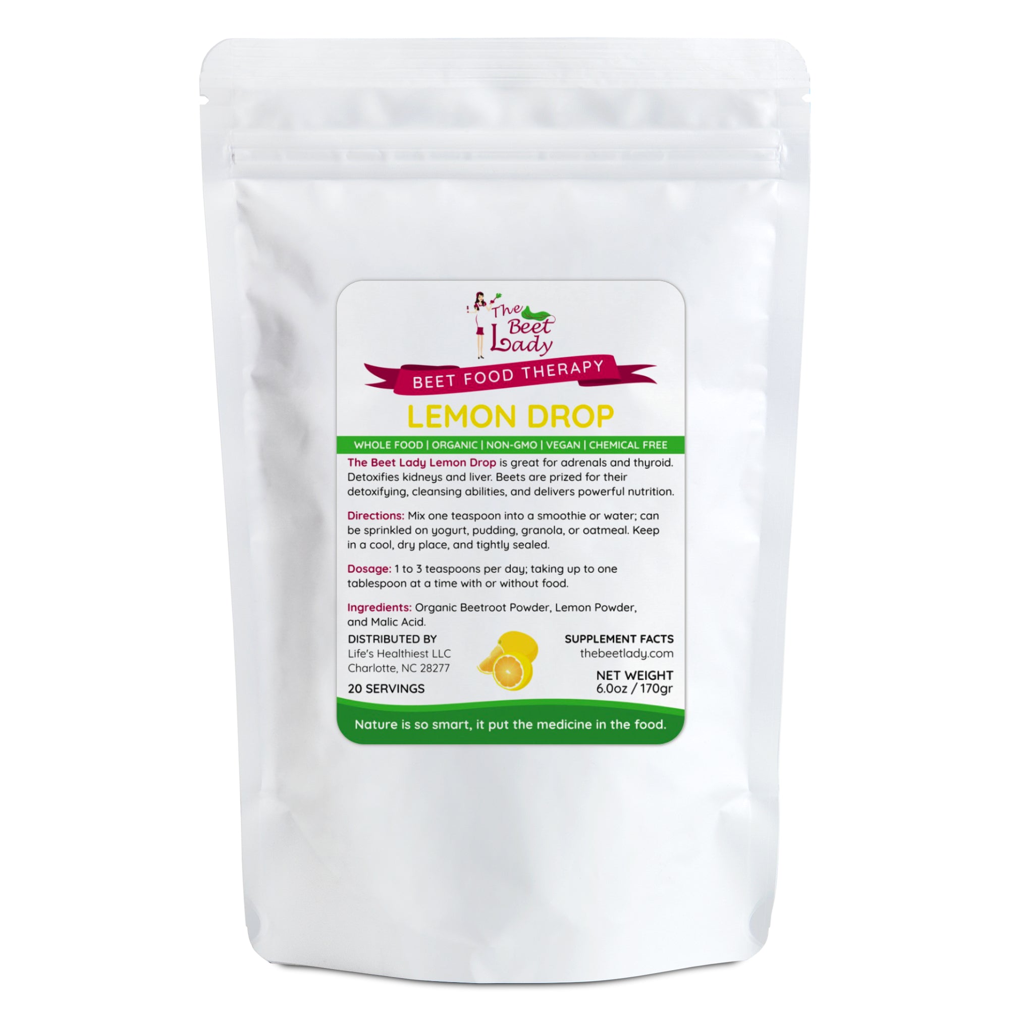 The Beet Lady LEMON DROP Beet Food Nutritional Therapy powder blended with real fruit.  Organic, plant-based, non-GMO.  6 oz